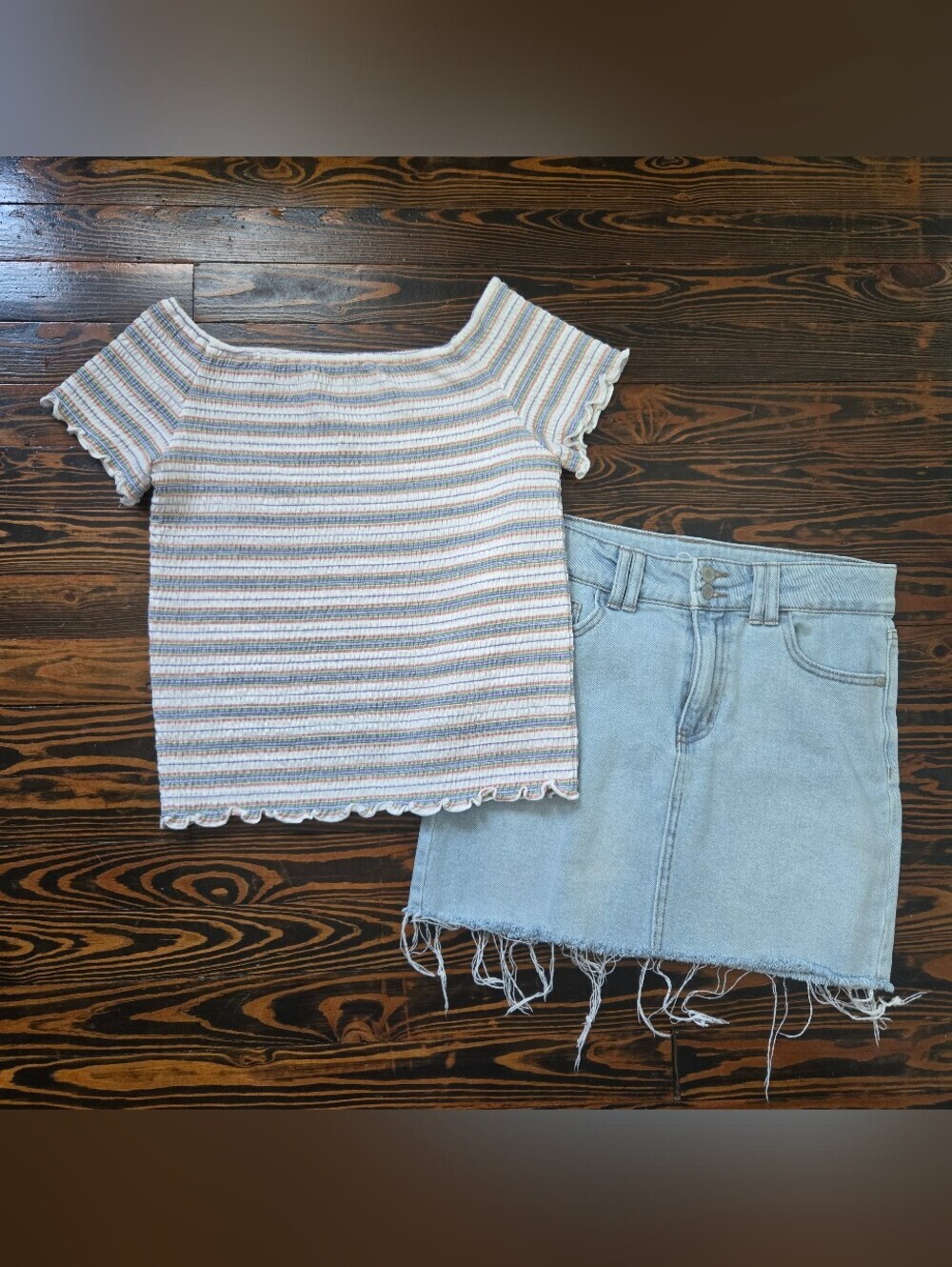 Art Class Girls XL Back To School Outfit Striped Crop Top Denim Skirt Bundle 16